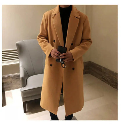 Casual Turn-down Collar Men's Woolen Jackets Outerwear Autumn Winter Mens Fashion Double-breasted Long Coat Men Cardigans