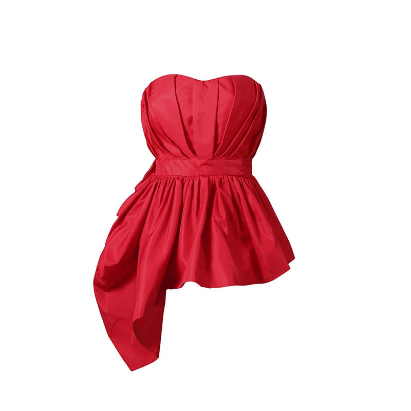 VGH Sexy Red Color Spliced Folds Tank Top for Women Sweatheart Neck Sleeveless Patchowrk Zipper Irregular Hem Vest Female Summer