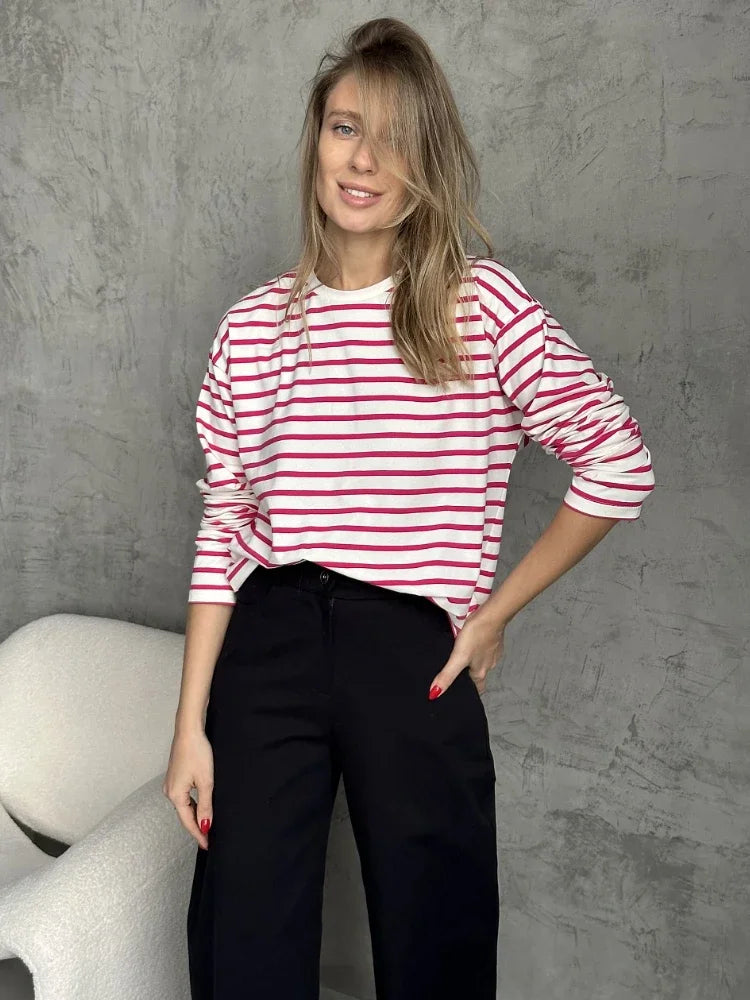 Bornladies 2025 Summer Long Sleeve Striped T-Shirts Women Basic Casual Tops Female Cozy Loose Cotton Tees Harajuku T Shirt New