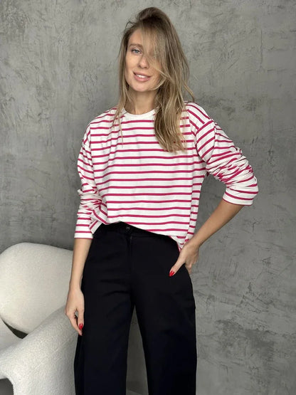 Bornladies 2025 Summer Long Sleeve Striped T-Shirts Women Basic Casual Tops Female Cozy Loose Cotton Tees Harajuku T Shirt New