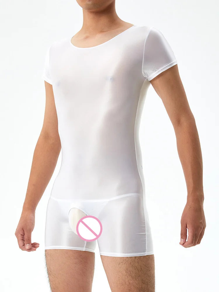 Men's Crotchless Bodysuit Stain Oil Shiny Tights Sheer See Through Yoga Shaping Leotard Elastic Sexy Exotic Tops Candy Color