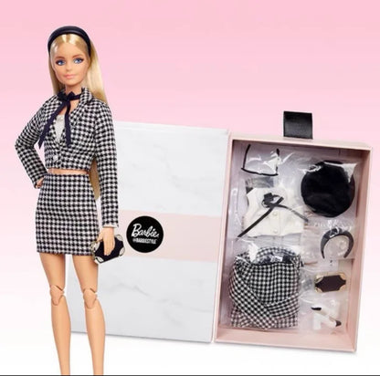 New Doll Elegant Casual Doll Clothes Black White Houndstooth Skirt Set With Beret Sunglasses For Dress Up Collection Girls Gift