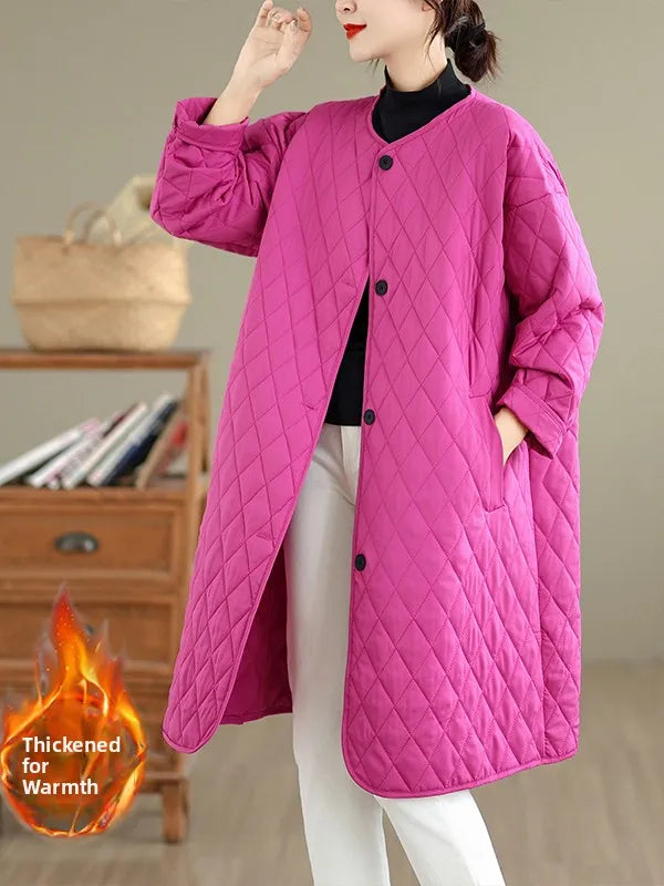 Korean Japanese High End plus Size Cotton Jacket Women's Casual Versatile Diamond Pattern Mid-Length  Color round Neck Coat