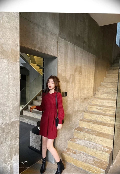 High Waist A-Line Knitted Dress Long Sleeve Base Layer Shirt Waist Cinched Black Dress Autumn Wear Korean Style Commute Dress