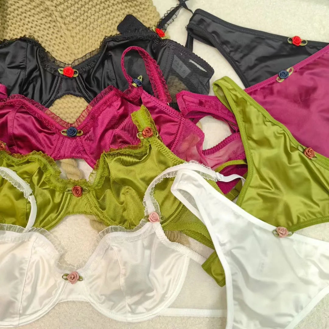 4 Color Fashion Women Lingerie Set Sexy Lace Ultra Thin Comfort Bra French Silk Satin Underwear Bralette Ladies Bras and Thongs
