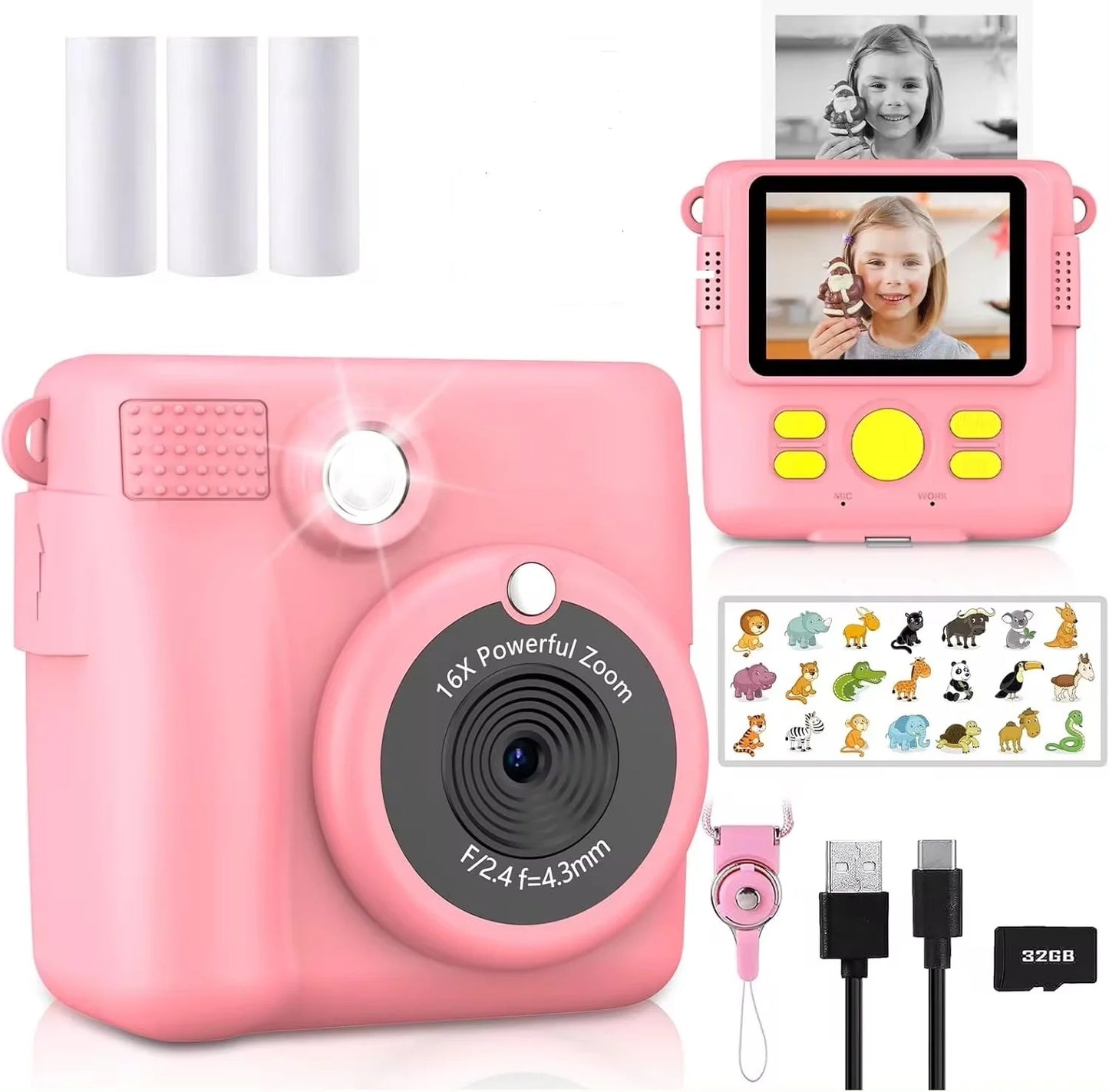 1080P HD Video Camera Portable Instant Print Camera for Kids with 3 Rolls Photo Paper and 32GB Card Perfect Toy Toddlers