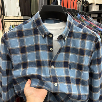American-style Plaid Long-sleeve Shirt for Men, Pure Cotton Casual Trendy Brand Embroidered Red Shirt Top for Spring and Autumn