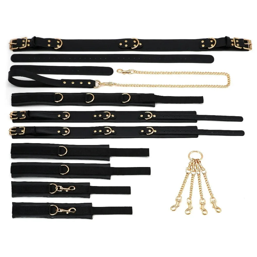 7Pcs Adjustable BDSM Bondage Kit Collar Hand Thigh Cuffs Waist Strap Traction Chain SM Couple Erotic Toy 18+
