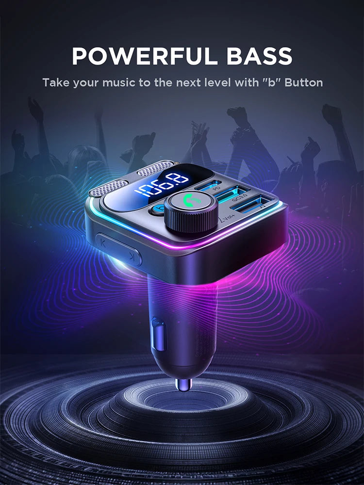 JOYROOM 81W Bluetooth 6.0 Car FM Transmitter Dual Mics PD&QC 3.0 Car Fast Charging Charger Adapter U Disk Hands-Free Calling