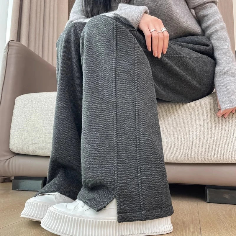 Thickened Fleece Wide Leg Pants High Waist Trousers for Women Casual Autumn Winter Slimming Warmth Pants Korean Style