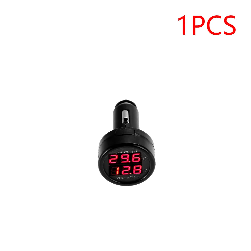 2 IN 1 12V 24V Car Voltmeter Thermometer Cigarette Lighter Car Battery Monitor LED Digital Dual Display For Cars Trucks RVs Boat