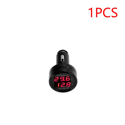 2 IN 1 12V 24V Car Voltmeter Thermometer Cigarette Lighter Car Battery Monitor LED Digital Dual Display For Cars Trucks RVs Boat