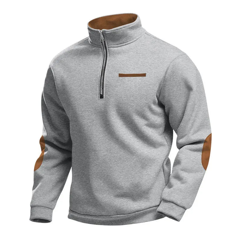 Men's Casual Sweatshirt American Style Autumn Winter Fleece Half-Zip Stand Collar Patchwork Color Block Henry Sweatshirt for Men