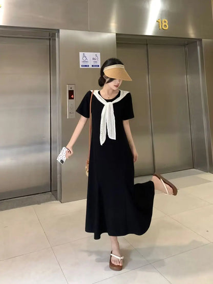 Naval Collar Lace Trim Slimming Long Dress French Style Loose Fit Mommy's Summer Dress mid Waist Design Casual  Knot