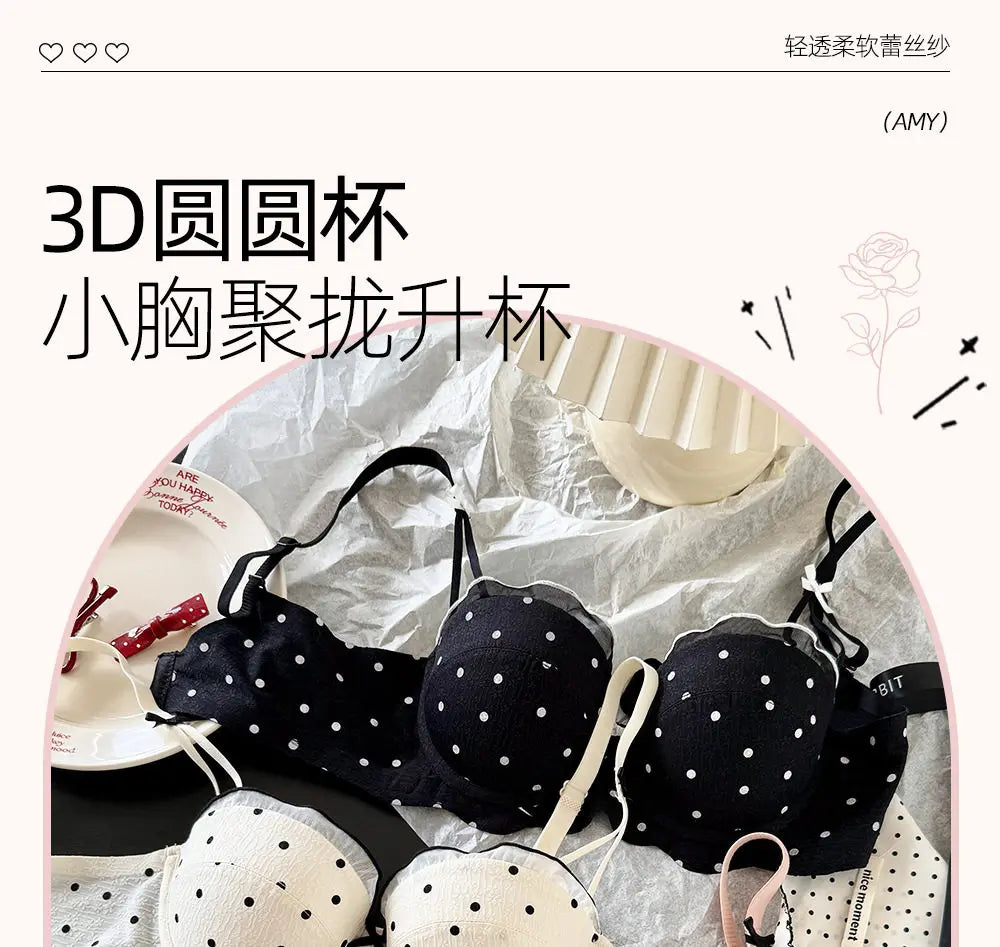 Ensemble Soutien-Gorge French Coquette à Pois Sans Armature, Effet Push Up Pour Petite Poitrine Forme Pêche, Confortable et Sexy