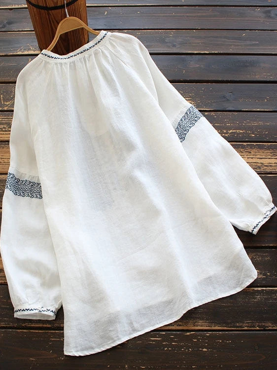 Retro Embroidered Cotton Linen Long Sleeve Women's Shirt Thin Top Large Size Cotton Linen Long Sleeve T-Shirt Commute Wear