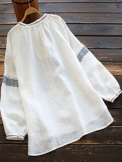 Retro Embroidered Cotton Linen Long Sleeve Women's Shirt Thin Top Large Size Cotton Linen Long Sleeve T-Shirt Commute Wear