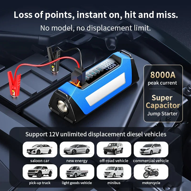 8000amp 200psi Tire Inflator Car Jumper Multifunction 12v Battery Booster Super Compressor Power Bank Jump Starter With Air Pump