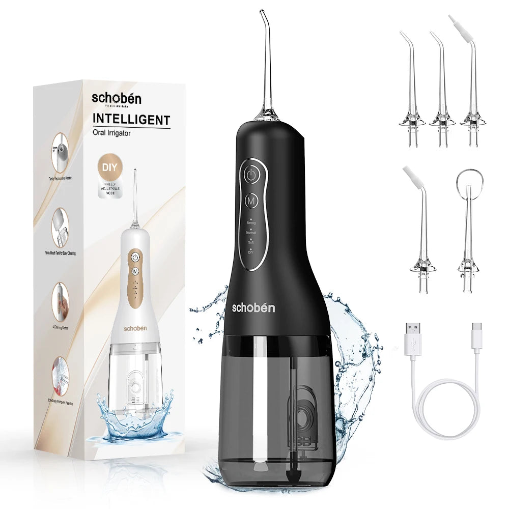 Schoben Water Flosser 2.0, a portable oral irrigator, is a rechargeable electric flosser featuring 4 cleaning modes, 5 nozzles,