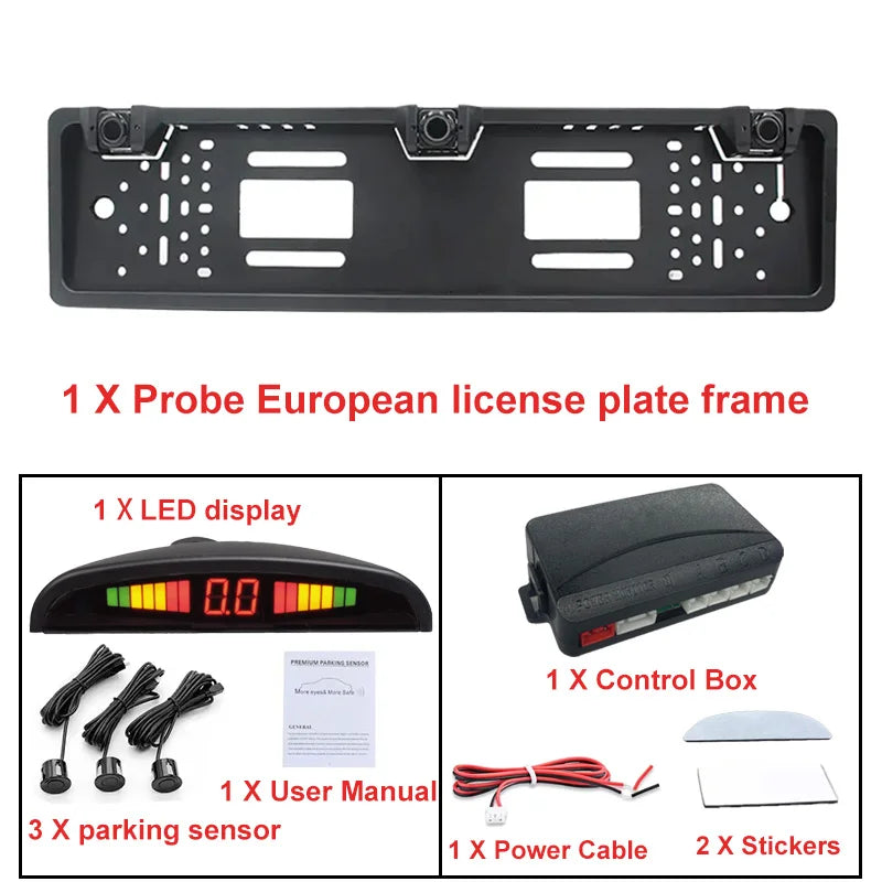 European License Plate Holder 3 Sensors Parking Radar Buzzer Alarm 12V Waterproof Auto Reversing Safety Accessory