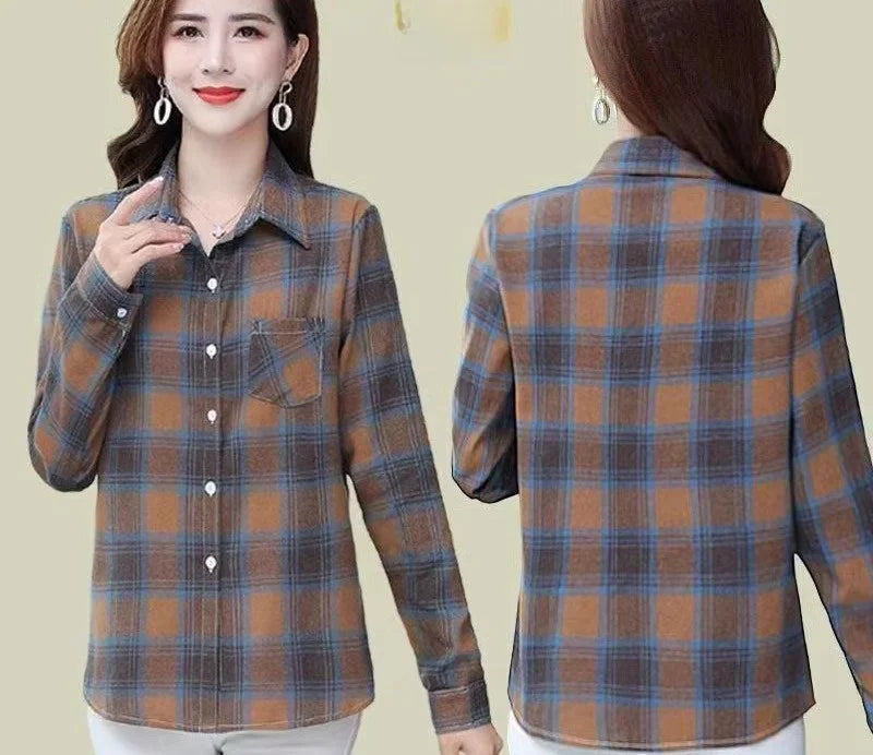 Loose Long Sleeve Mom Shirt Women's New Style Slimming Age-Defying Outerwear Versatile Early Autumn Plaid Outfit  Collar