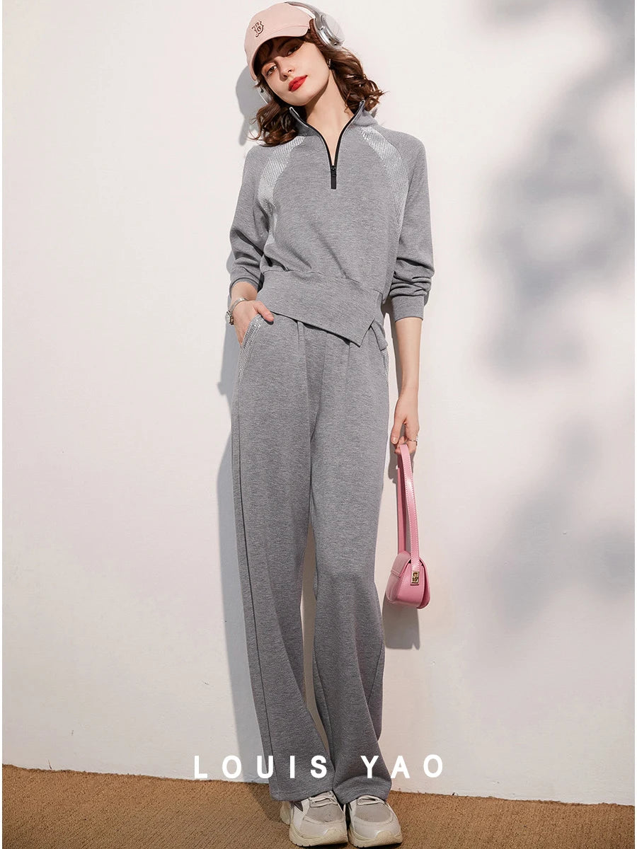 LOUIS YAO Women Two Pieces Set 2024 Autumn Stand Collar Long Sleeve Long Pants Set Sweatshirt Sporty Fashion Set