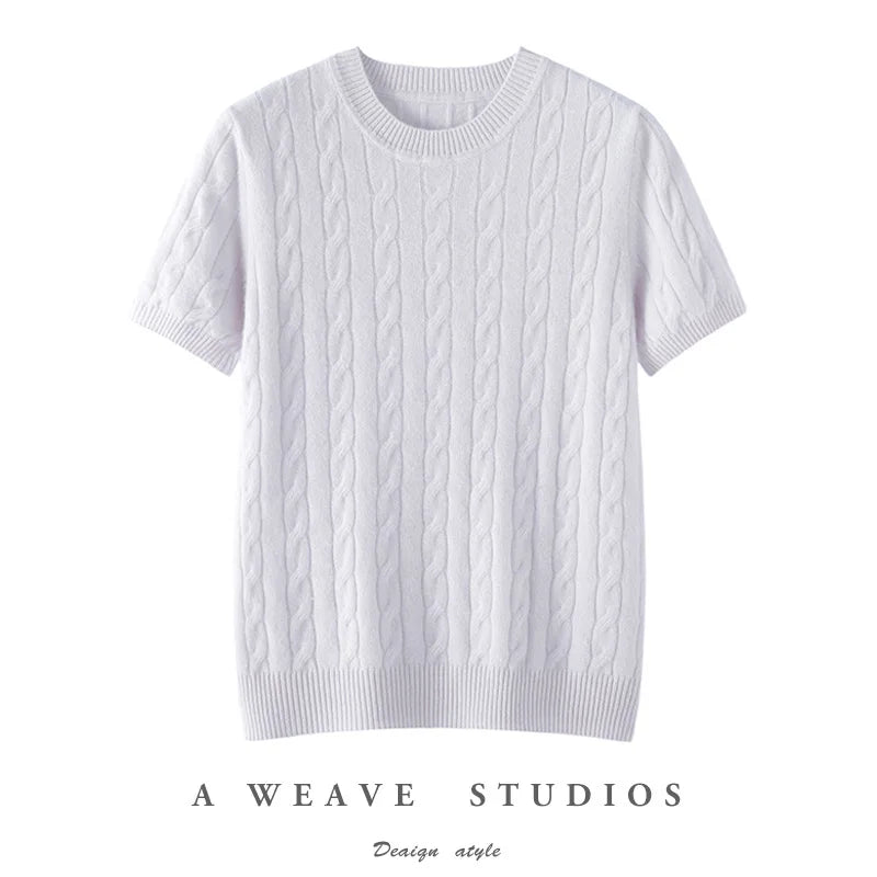 100% Pure Cashmere Fried Dough Twists Round Neck Solid Short Sleeve Women's High Quality Luxury Pullover Sweater Spring Autumn