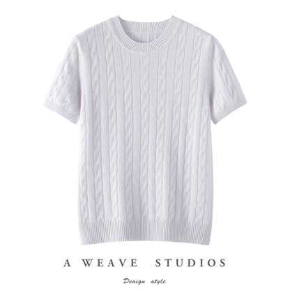 100% Pure Cashmere Fried Dough Twists Round Neck Solid Short Sleeve Women's High Quality Luxury Pullover Sweater Spring Autumn