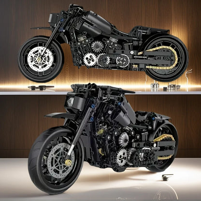 A set of assembled building blocks for a black, retro-style motorcycle toy, perfect for motorcycle enthusiasts as a gift.