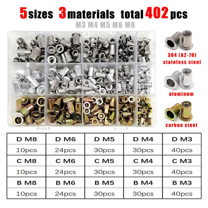 1 Box M3 M4 M5 M6 M8 US Coarse Thread UNC 304 A2-70 Stainless Steel Carbon Steel Aluminum Flat Head Rivet Nut Rivnut Set Kit