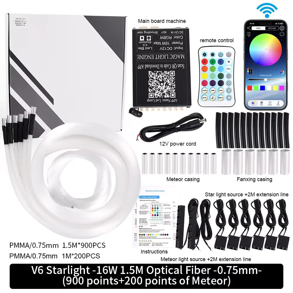 16W Car Starry Sky Ceiling Fiber Optic Lamp RGB with APP Voice Remote Control Panoramic source Car Roof Starlight Headliner