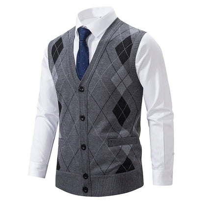 Spring Autumn Male Vest Sleeveless Sweater Fleece Warm  Knitted Jackets Checkered Business Casual Button Up Coat Men's Clothing