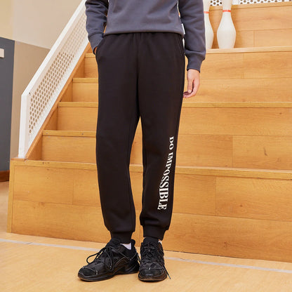 Metersbonwe Men's Fleece-Lined Tapered Pants with Side Print Autumn Winter Thermal Joggers Comfortable Cuffed Sport Sweatpants