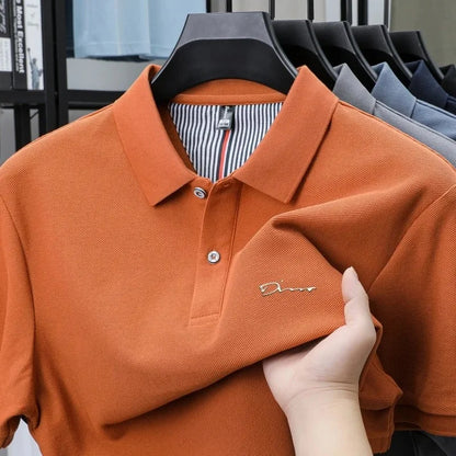 Brand 100%pure cotton short sleeve polo shirt men's new fashion letter embossed business casual solid color summer lapel T-shirt