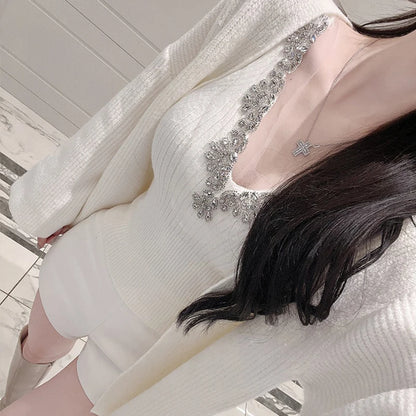 Korean Dongdaemun Rhinestone Knit Crop Top Sexy Slim Fit Versatile Solid Color Camisole Fashion Short V-neck Knitted Tank Tops