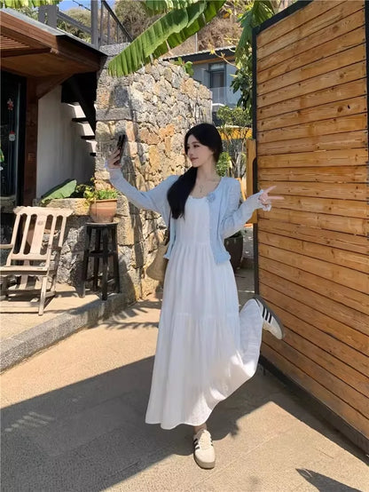Slimming White Strapless Long Dress Simple French Style A-Line Midi Dress Women's Summer Fashion Sensation Waist-Cinching Dress