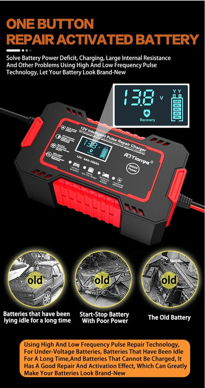 EAFC 12V 6A Full Automatic Car Battery Charger Digital Display Battery Charger Power Puls Repair Chargers Wet Dry Lead Acid