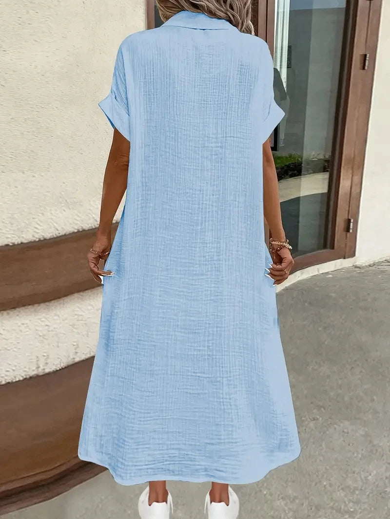 Women's 2025 casual Summer Shirt Dresses Short Sleeve Solid Color Dress