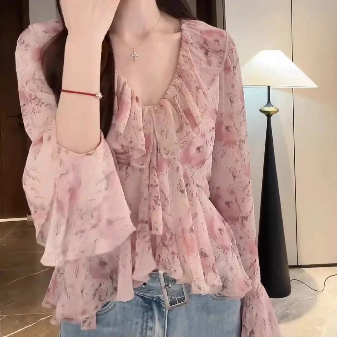 Comfortable Summer Large Size Floral Print V-Neck Women's Shirt Trendy Chiffon Fashionable Pink Collar Versatile Korean Style