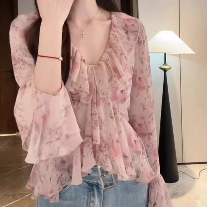 Comfortable Summer Large Size Floral Print V-Neck Women's Shirt Trendy Chiffon Fashionable Pink Collar Versatile Korean Style