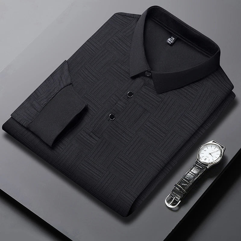 Spring Man Casual Turn-Collar Long-Sleeve T-Shirt Polo Shirt Half-Button Design Lapel Fashion Versatile Solid Color Men Clothing