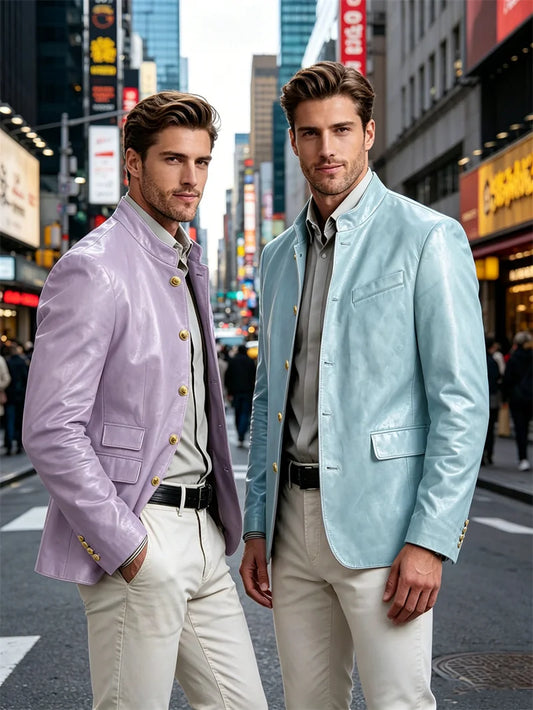 Men's Stand Collar Leather Blazer Slim Fit Single Breasted Golden Metal Buttons Multi Pocket Coat For Business Wedding Daily