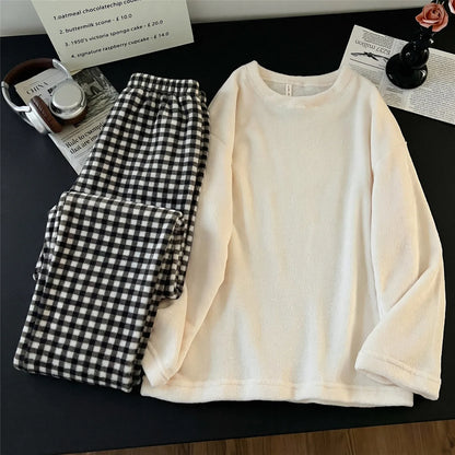 Men's Coral Fleece Pajamas Thickened Flannel Home Clothes Set Casual Loose Fit Autumn Winter Warm Sleepwear round Neck Sweats...