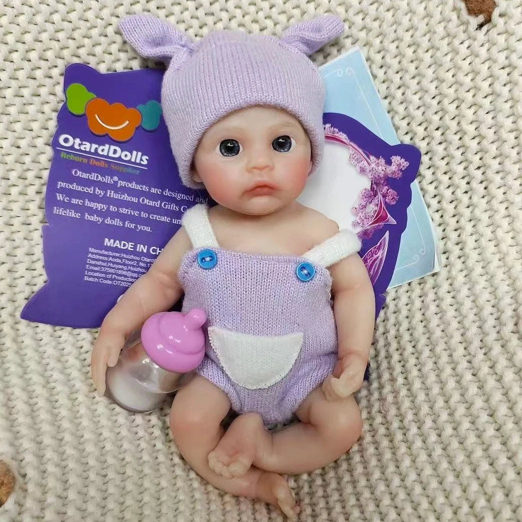 6 Inch/15 cm Mini Silicone Reborn Girl Doll, Washable, Hand Painted Vivid Skin, Purple Outfit, Bebe Reborn De Silicona