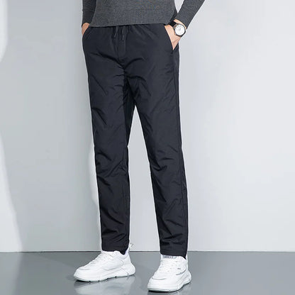 Winter Men Warm Puff Pant Black Thermal Goose Down Straight Trouser Adjustable Lacing Up Elastic Waist Design Cosy Menswear
