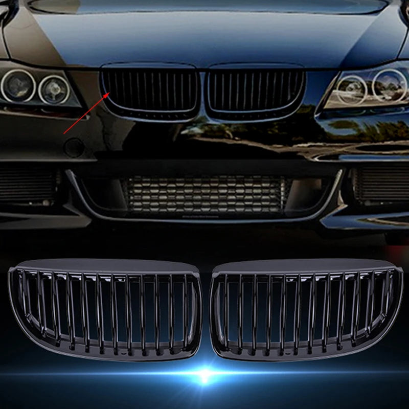 Pulleco For BMW 3 Series E90 E91 323I 328I 335I 330I 325I Car Front Grille Racing Grill  Single  2005-2008 Gloss Black Grille