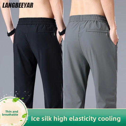 High Quality Ice Silk Stretch New Brand Casual Fashion Elastic Strappy Long Pants Street Style Pencil Teens Trousers Men Clothes