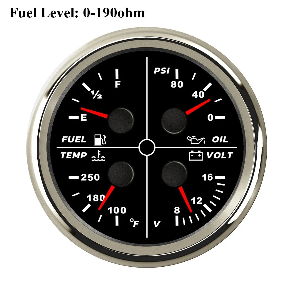 ELING Waterproof Auto Marine 85mm 4 in 1 Gauge Oil Pressure Water Temp Fuel Level Voltmeter for Motorcycle 8-16V