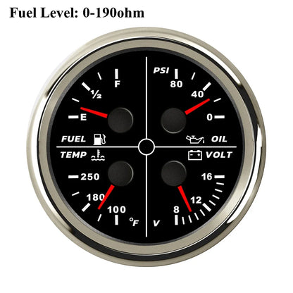 ELING Waterproof Auto Marine 85mm 4 in 1 Gauge Oil Pressure Water Temp Fuel Level Voltmeter for Motorcycle 8-16V