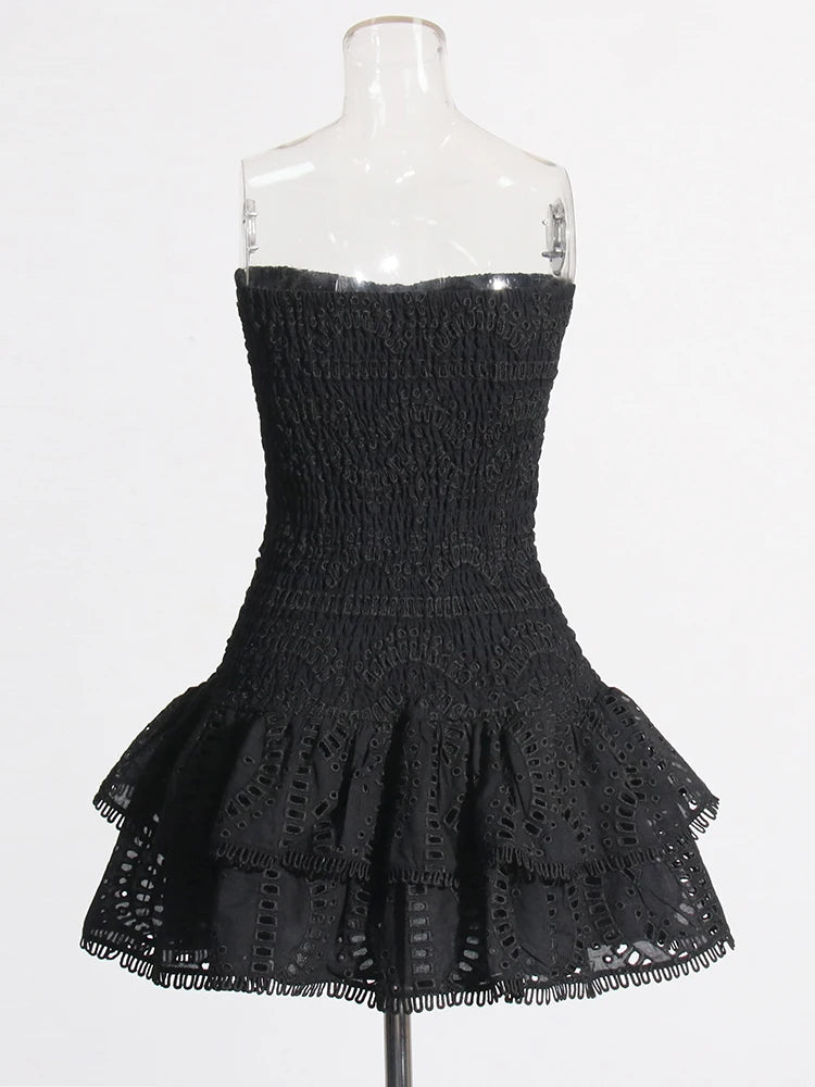 TWOTWINSTYLE Patchwork Folds Casual Dresses For Women Strapless Sleeveless High Waist Hollow Out Elegant Slimming Dress Female